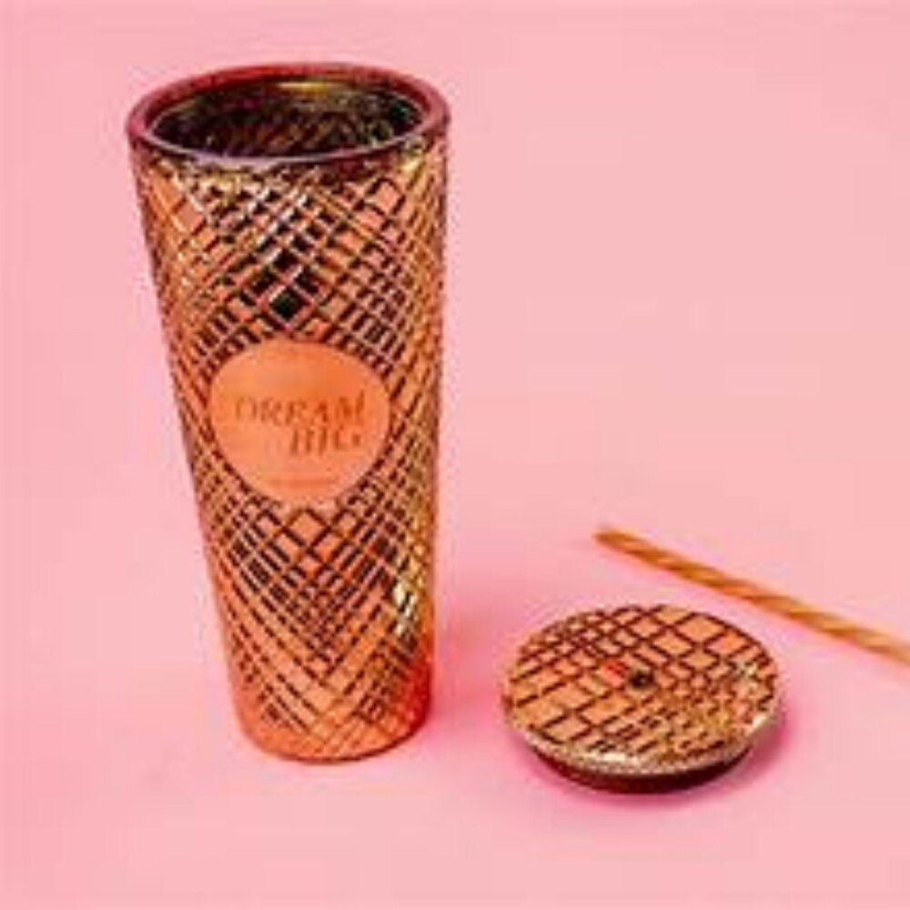 NIB Rachel Miriam Metallic Gold “Dream Big” Tumbler with Straw